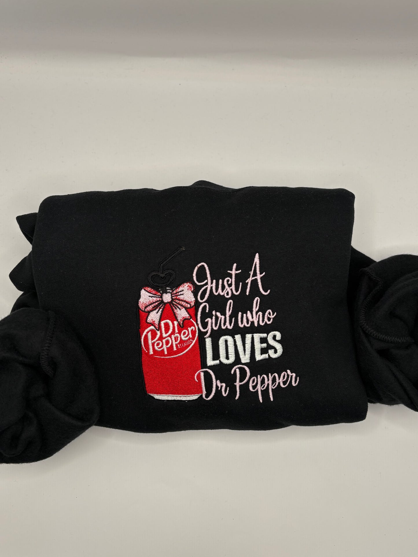 Girl Who Loves Dr Pepper Embroidered Crewneck